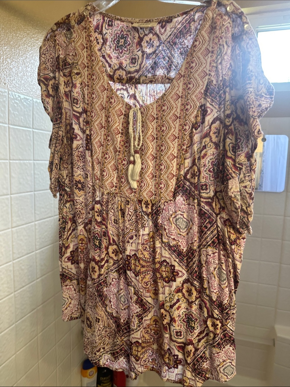 Boho Printed Short-Sleeve Peasant Top in Multi-Pink